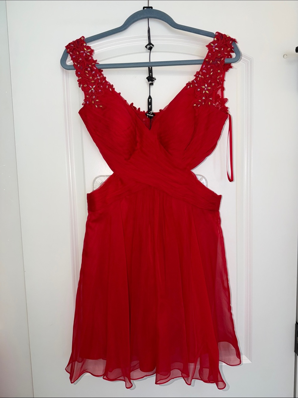 La Femme Red Beaded Two-Piece Chiffon Dress